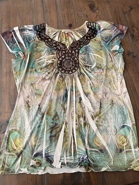 ONE WORLD Multicolor Scoop Neck Tunic with Crochet Yoke